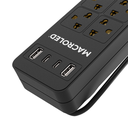 Supresor Multiple 6 Tomas Negro, +2 Usb +2 Usb C, 1.5Mts De Cable 3X0.75Mm, 250V, 10A, 2200W Max, Usb 5V 3.1A, Protector Termico