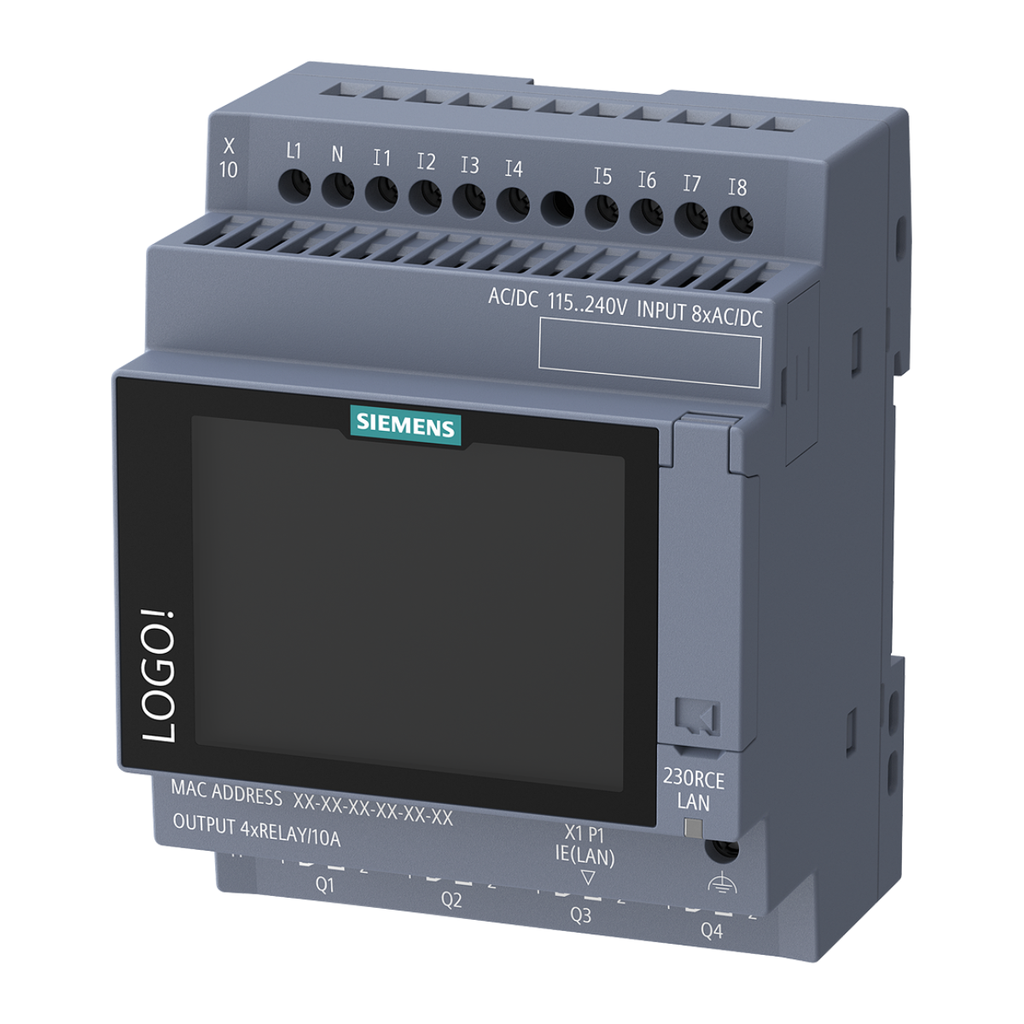 LOGO! 9 - 12/24RCE,  con DISPLAY aliment.  115V-220 VAC, 8 DI /4 DO a rele, 800 bloques, ampliable, Ethernet, MQTT, pantalla táctil